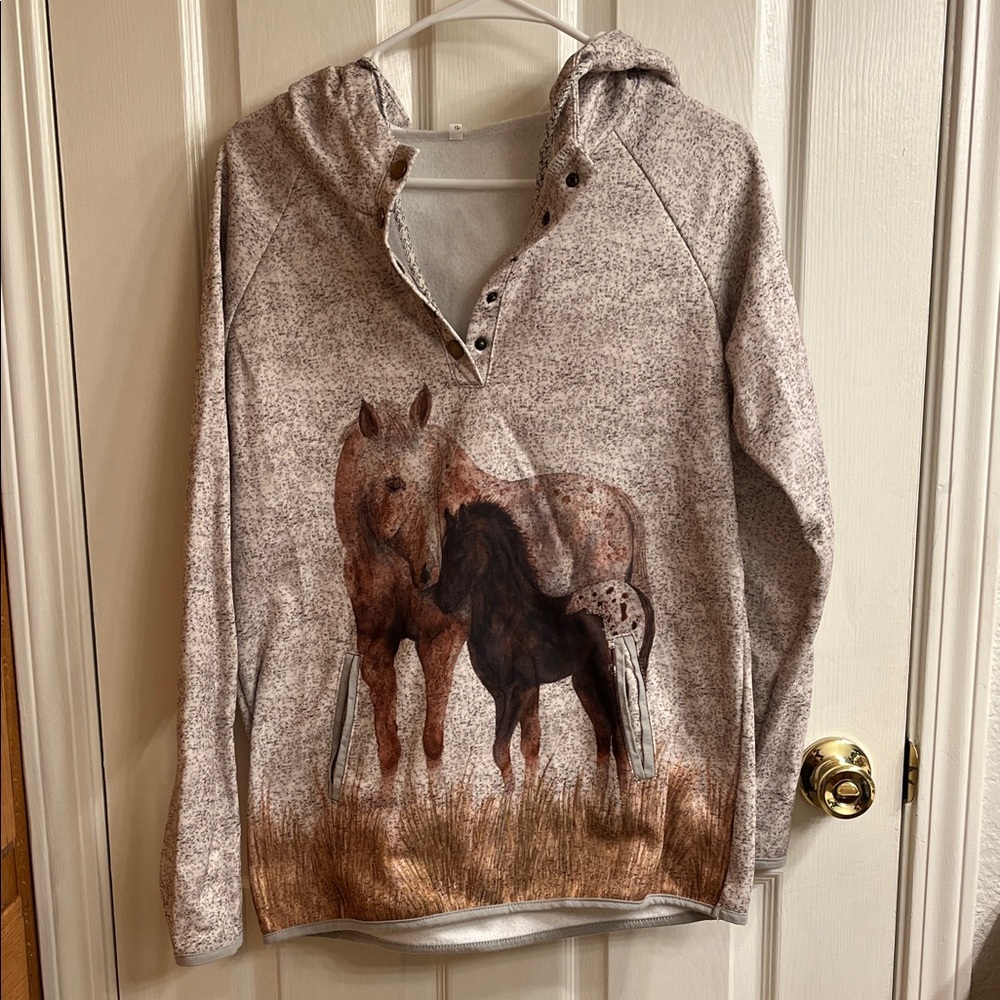 Women's Horse Print Hoodie - Gray
